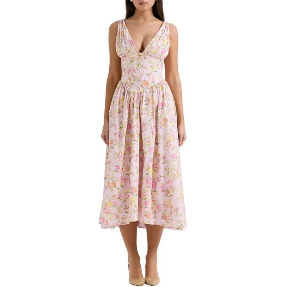 House of CB Emmelina Sleeveless Stretch Poplin Midi Dress Pink Floral